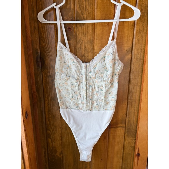 Effordram Tops - Effordram Floral Lace Corset Bodysuit Ivory Peach Green Boho Lingerie Size M (6)